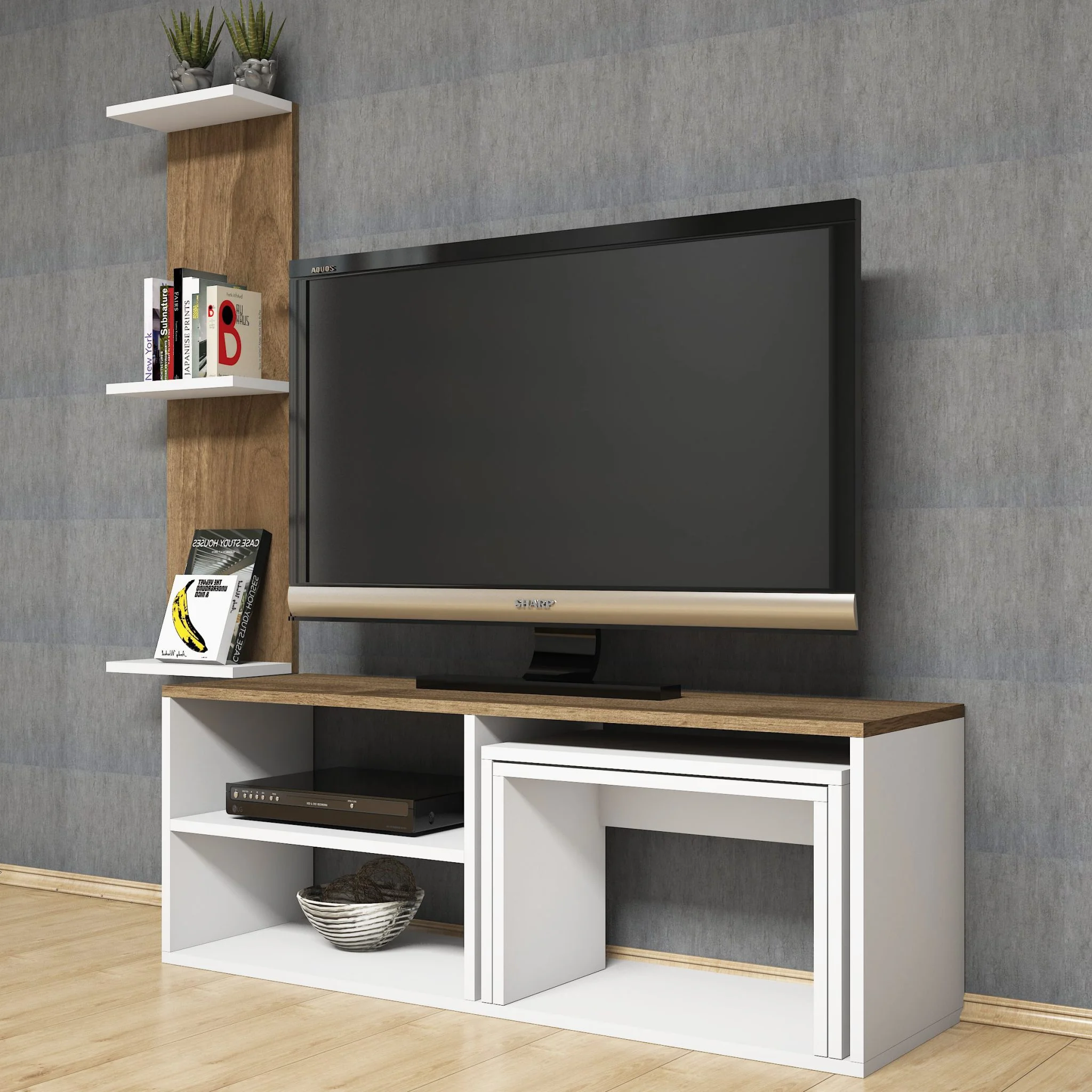 Comoda tv Praticard cu raft si 2 masute