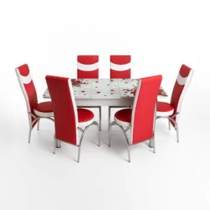Set Masa Extensibila si 6 Scaune Elt Modella, Blat Sticla, Decor Floral, Rosu