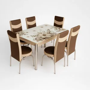 Set Masa Extensibila cu 6 Scaune Precious Moments, Maro/Crem, Blat sticla securizata, Scaune Piele Eco, Cod Produs Pcmm