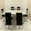 Set Masa extensibila cu 6 scaune BUBBLE pentru bucatarie alba, 170x80x70 cm, blat sticla securizata, scaune piele eco