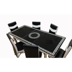 Set Masa extensibila 6 pers blat sticla+6 scaune piele eco Elt Modella,Alb negru vrsc