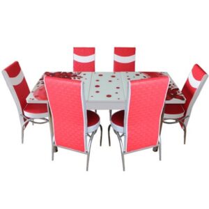 Set masa extensibila si 6 scaune Elt Modella, blat sticla, 170 x 80 x 70 cm, decor floral, Rosu, cod produs STM6SELTRSUFLR06