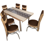 Set masa extensibila cu 6 scaune traditional, maro/crem,170x80x70 cm, blat sticla securizata, scaune piele eco, cod produs pcmm
