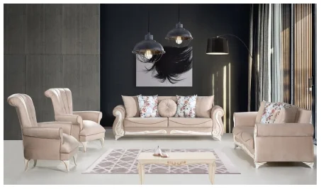 Set canapele 3+1+1 Basak bej Elegant si cu un design boem, acest set canapele 3+1+1 Basak te trimite cu gandul la decorurile imperiale. Modelul actual se axeaza