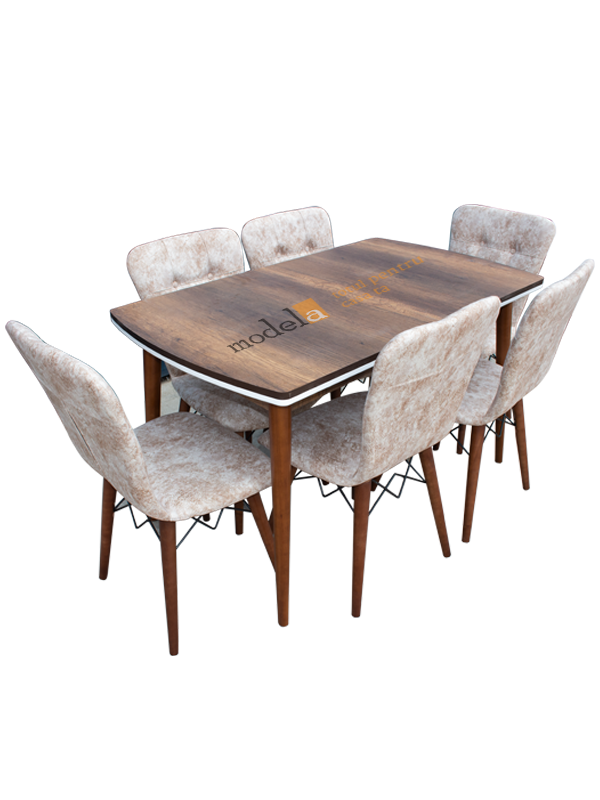 Set masa Natur MDF picioare lemn +6 scaune