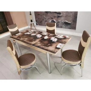 Set masa extensibila cu 6 scaune Modella, blat sticla, 170 x 80 x 70 cm, flori de ciresi