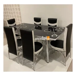 Set Masa extensibila cu 6 scaune BUBBLE pentru bucatarie negru, 170x80x70 cm, blat sticla securizata, scaune piele eco