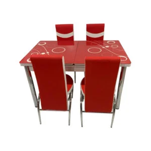 Set Masa extensibila cu 4 scaune BUBBLE pentru bucatarie rosu, 170x80x70 cm, blat sticla securizata, scaune piele eco