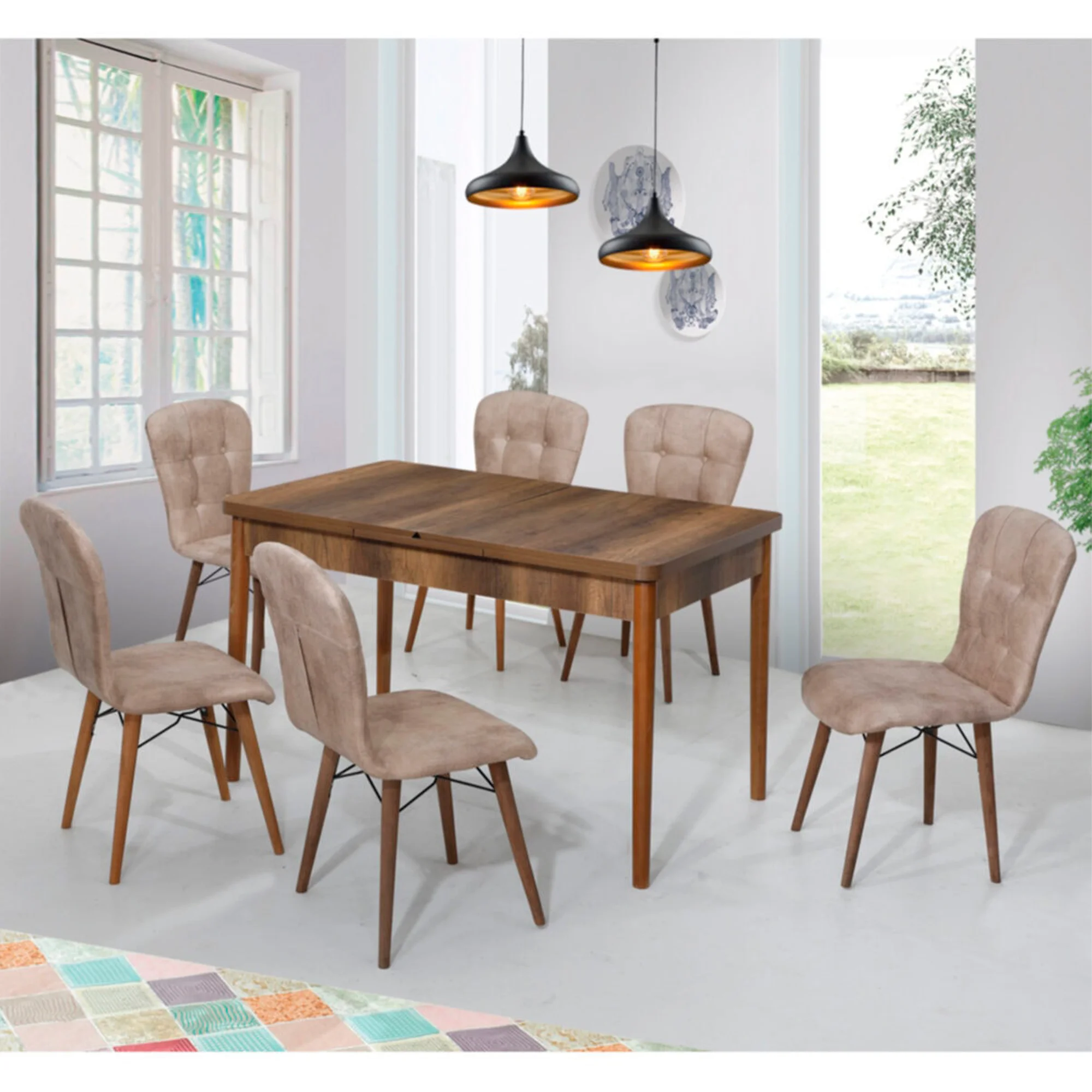 Set Masa Extensibila Elegant bej, cu 6 scaune, masa