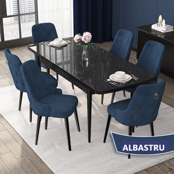 Set Masa Extensibila cu 6 scaune, Modella Nex albastru cu masa neagra ®️