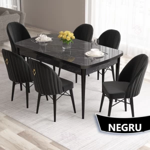 Set Masa Extensibila cu 6 scaune, Modella Elf negru cu masa negru ®️