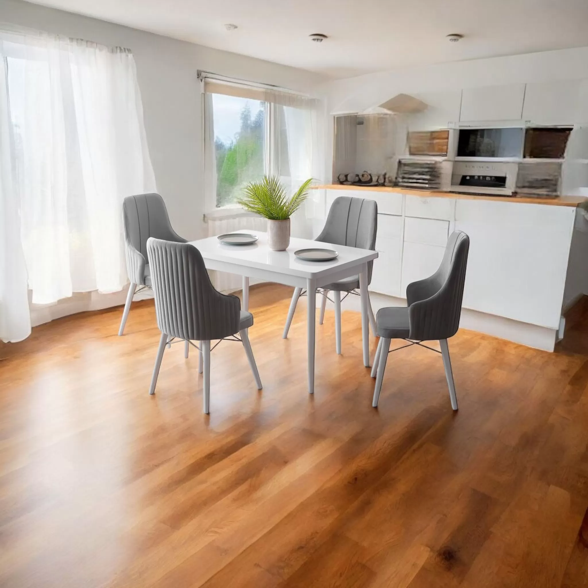Set Masa Modella Vela alba cu 4 scaune gri ®️