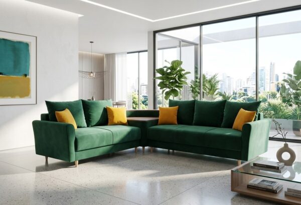 Coltar Extensibil cu Led Rapsody Modella, 305 X 234 X 100 cm, Verde, Reversibil, 2 Lazi Depozitare, Perne Decor Incluse, Textura Stofa, Sezut Arcuri
