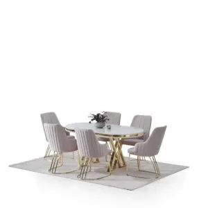 Set masa Modela Velvet ovala alba auriu cu 6 scaune Crem ®️
