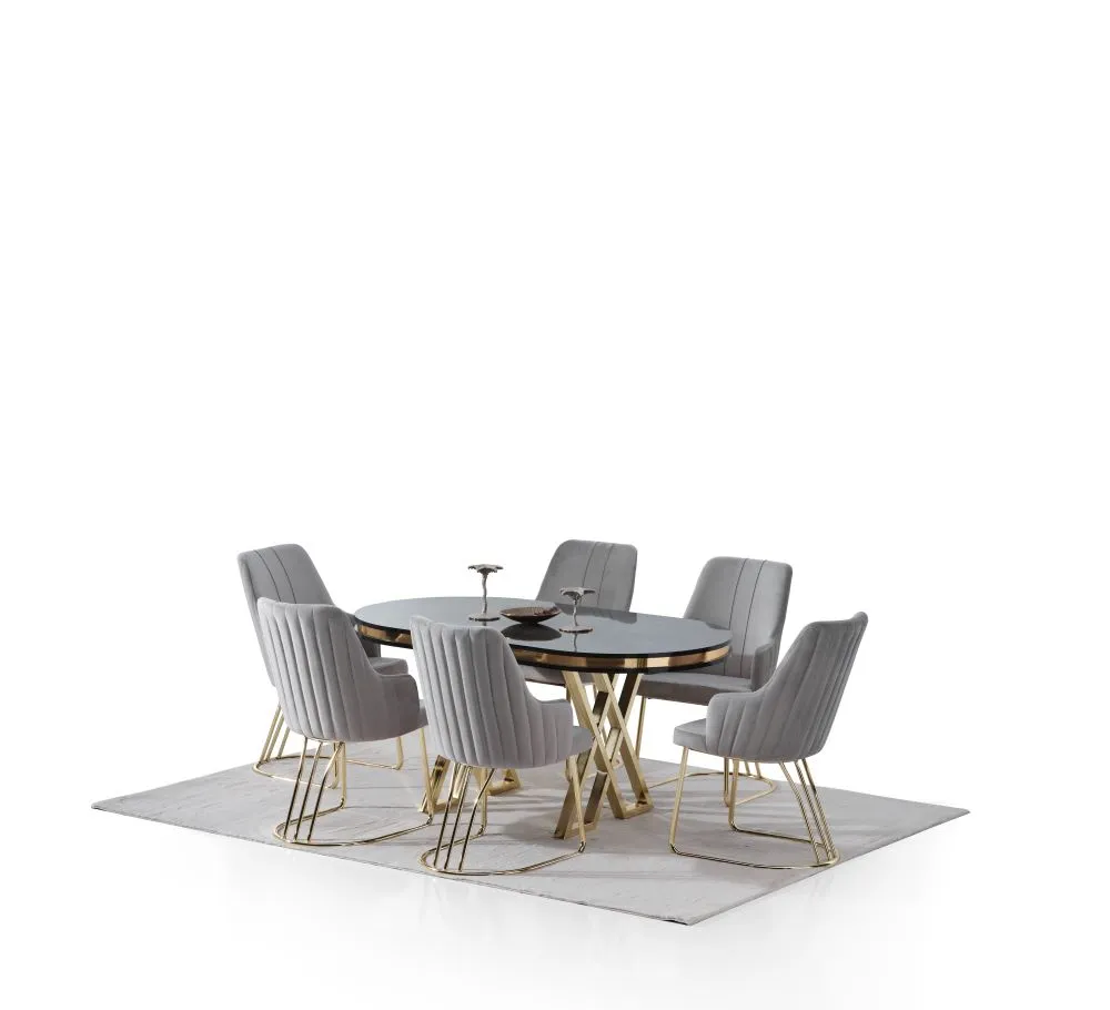 Set masa Modela Velvet ovala gri antracit auriu cu 6 scaune Gri ®️