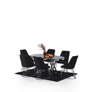 Set masa Modela Velvet ovala gri antracit argintiu cu 6 scaune  Negru ®️