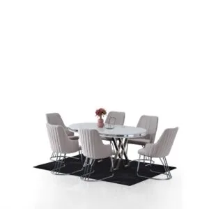 Set masa Modela Velvet ovala alba argintiu cu 6 scaune  Crem ®️