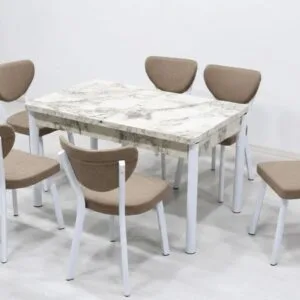 Set Masa extensibila Luna Modella cu 6 scaune cappucino cu masa marmura alba  , 170x80x70 cm
