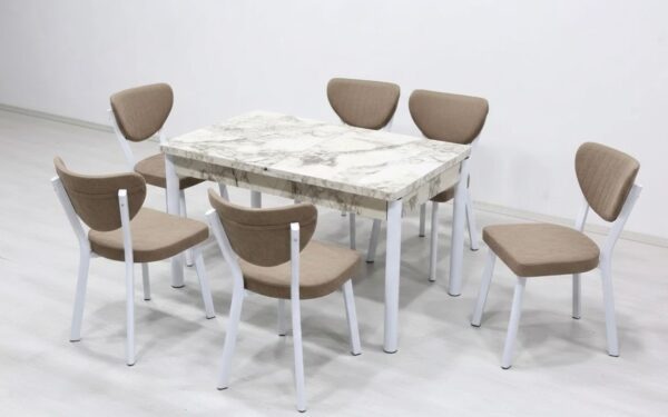 Set Masa extensibila Luna Modella cu 6 scaune cappucino cu masa marmura alba  , 170x80x70 cm