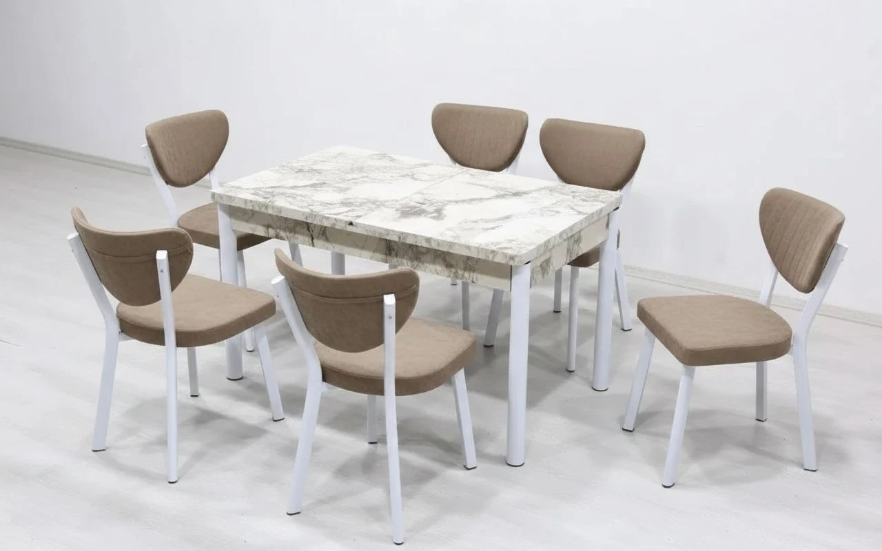 Set Masa extensibila Luna Modella cu 6 scaune cappucino cu masa marmura alba , 170x80x70 cm