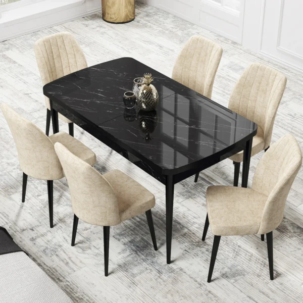 Set Masa Extensibila Neagra cu 6 scaune Eva Modella Crem