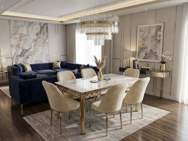 Set masa Extensibila Modela Gold Crem auriu cu 6 scaune Crem ®️