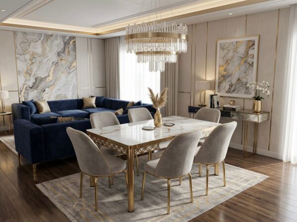 Set masa Modela Gold Crem auriu cu 6 scaune Crem ®️