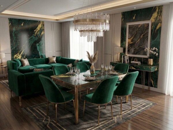 Set masa Modela Gold Verde auriu cu 6 scaune Verde ®️