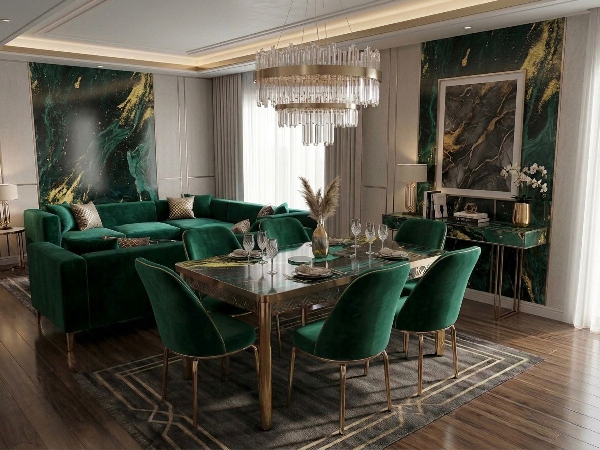 Set masa Modela Gold Verde auriu cu 6 scaune Verde ®️