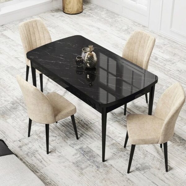 Set Masa Eva Modella Neagra cu 4 scaune Crem