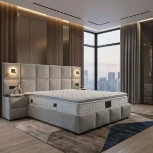 Pat matrimonial tapitat rabatabil Loft cu lada depozitare