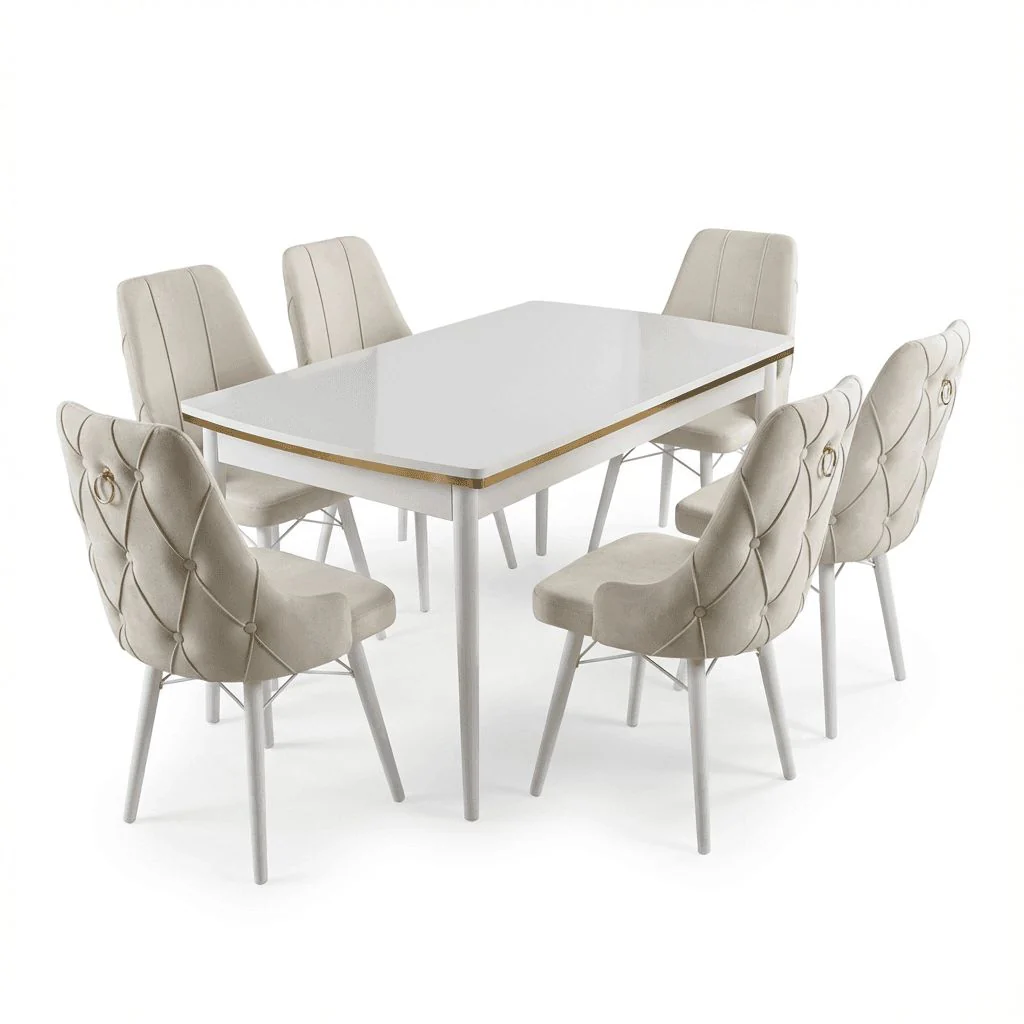 Set masa extensibilă Leon Modella alba cu 6 scaune Crem